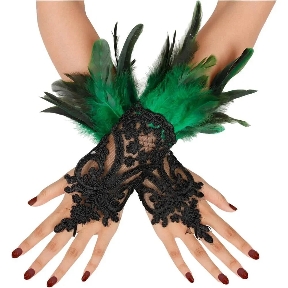2 Pcs Gothic Black Lace Feather Long Gloves for Women Halloween Costume